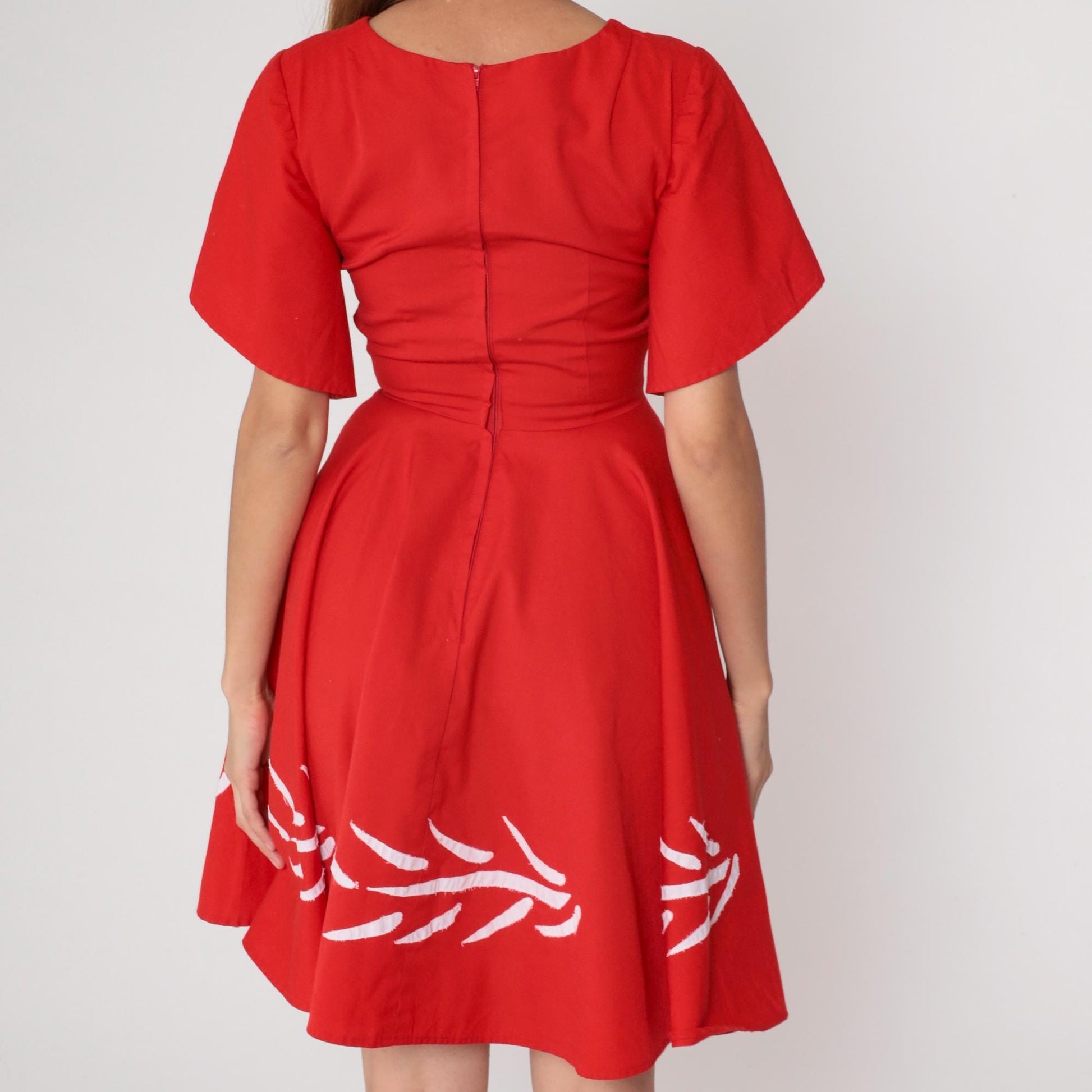 60s Red Mini Dress White Embroidery Flutter Sleeve Fit Flare Cotton Small