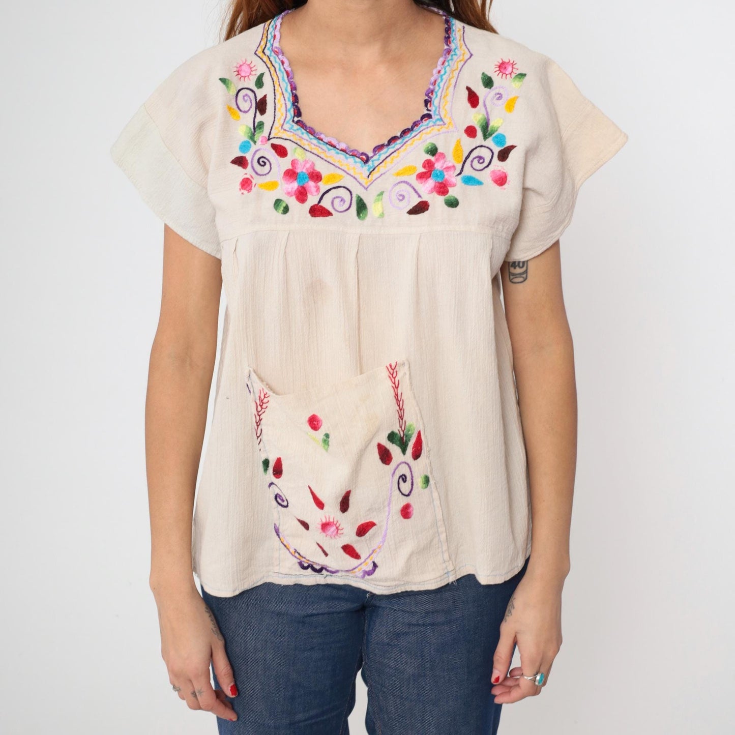 Y2K Mexican Embroidered Floral Cream Cotton Tunic Blouse Cap Sleeve Medium