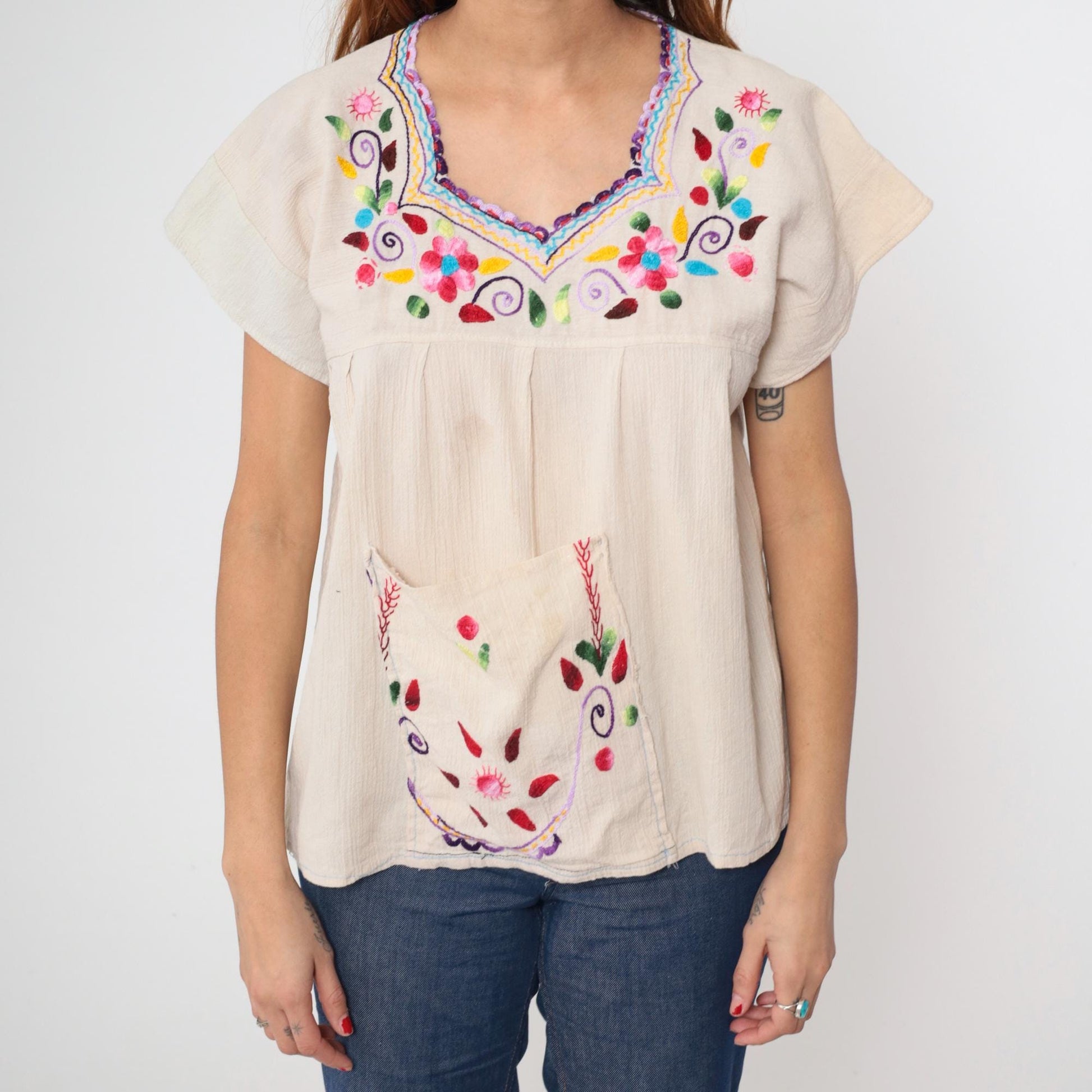 Y2K Mexican Embroidered Floral Cream Cotton Tunic Blouse Cap Sleeve Medium