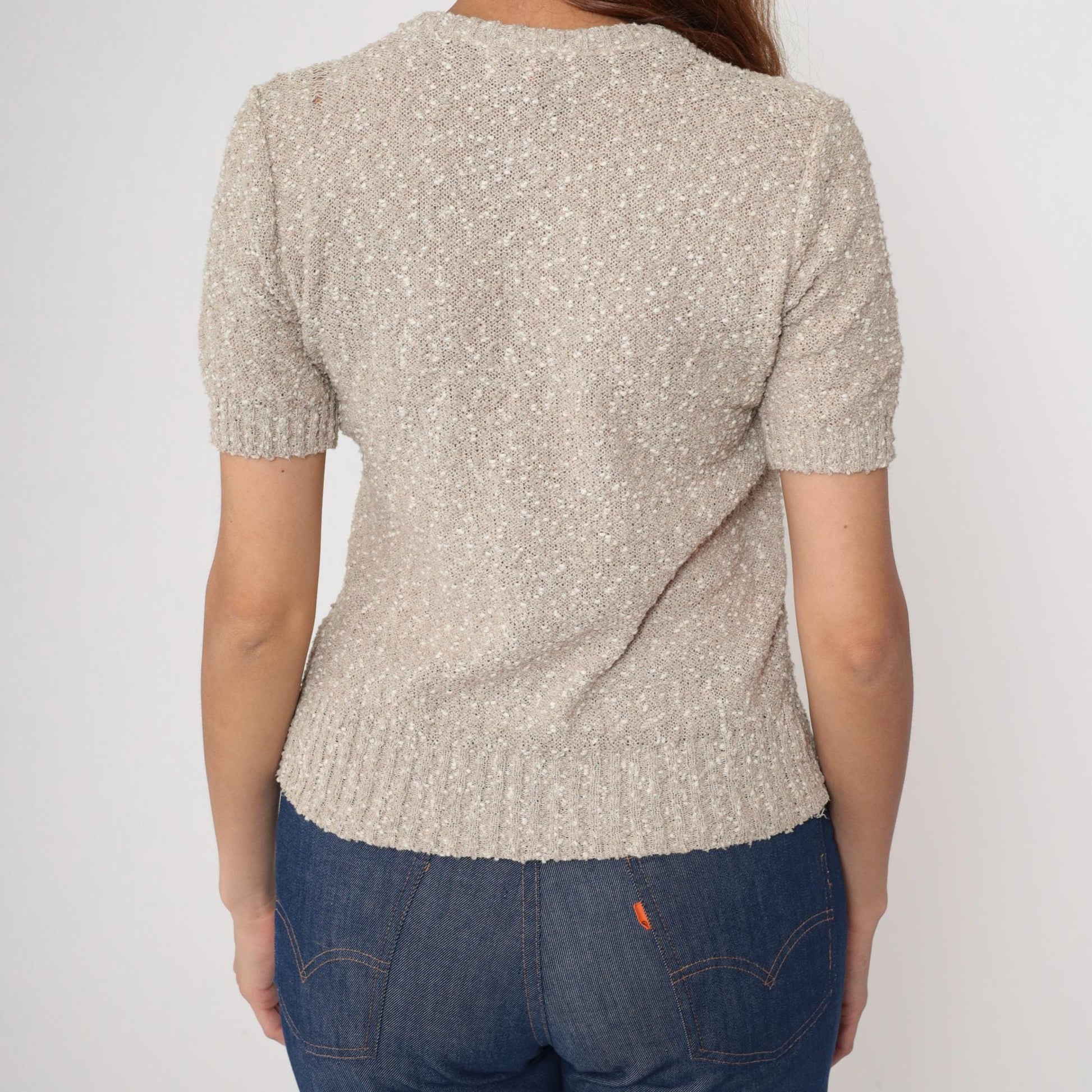 70s Beige Boucle Knit Top V-Neck Puff Sleeve Textured Fitted Small