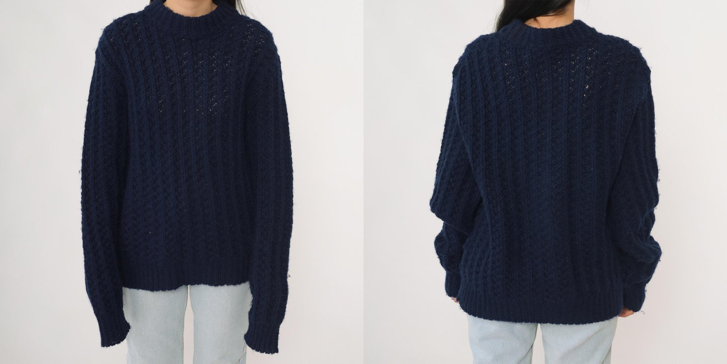 80s Robert Bruce Navy Wool Chunky Knit Crewneck Pullover Medium M