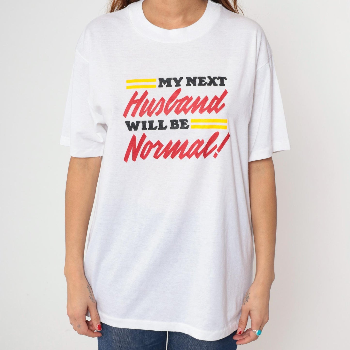 90s Graphic T-Shirt White Cotton Humor Marriage Tee Large