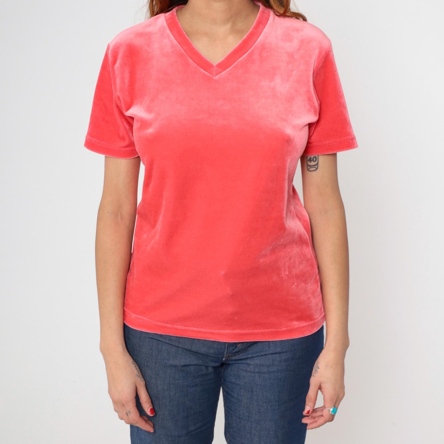 90s Coral Pink Velour V-Neck Short Sleeve Top Y2K Medium M