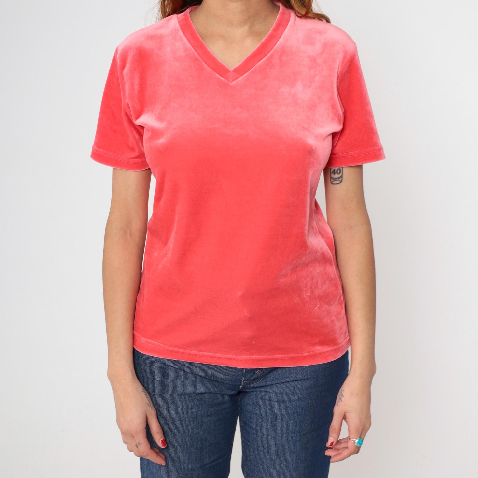 90s Coral Pink Velour V-Neck Short Sleeve Top Y2K Medium M