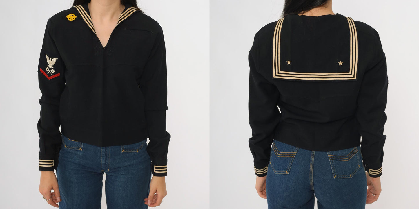 40s Black Sailor Top WW2 Naval Uniform Wool Pullover Eagle Patch XS