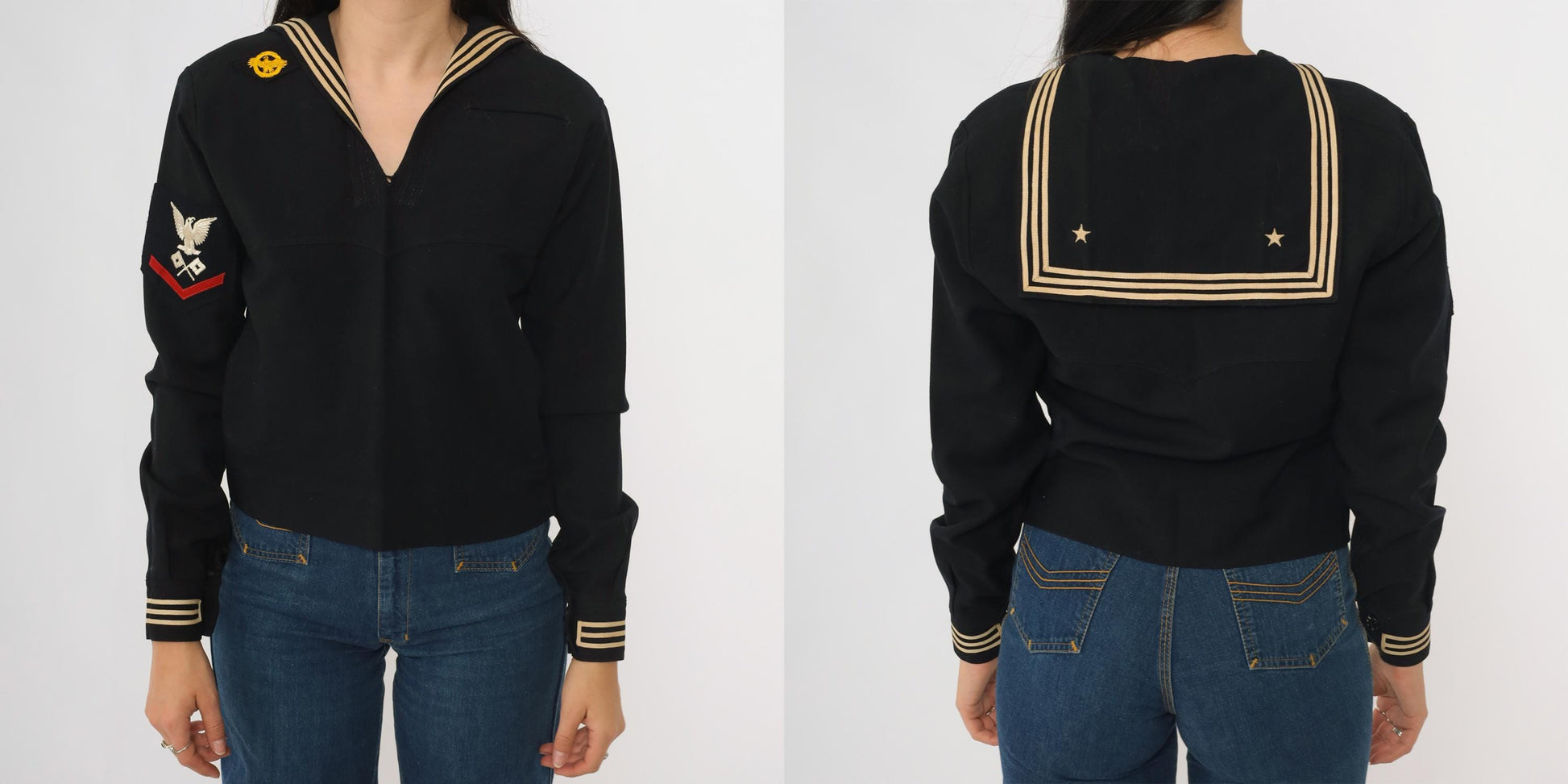 40s Black Sailor Top WW2 Naval Uniform Wool Pullover Eagle Patch XS