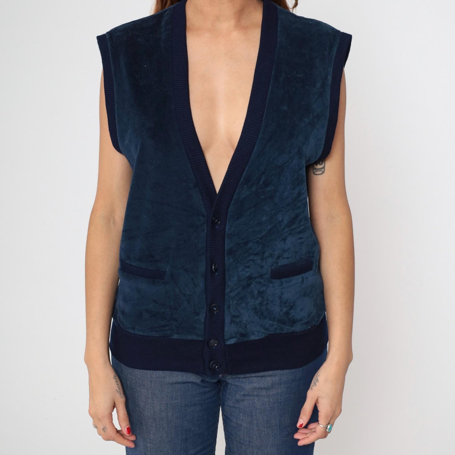 80s Navy Velvet Button Front Vest Deep V-Neck Sleeveless Large L