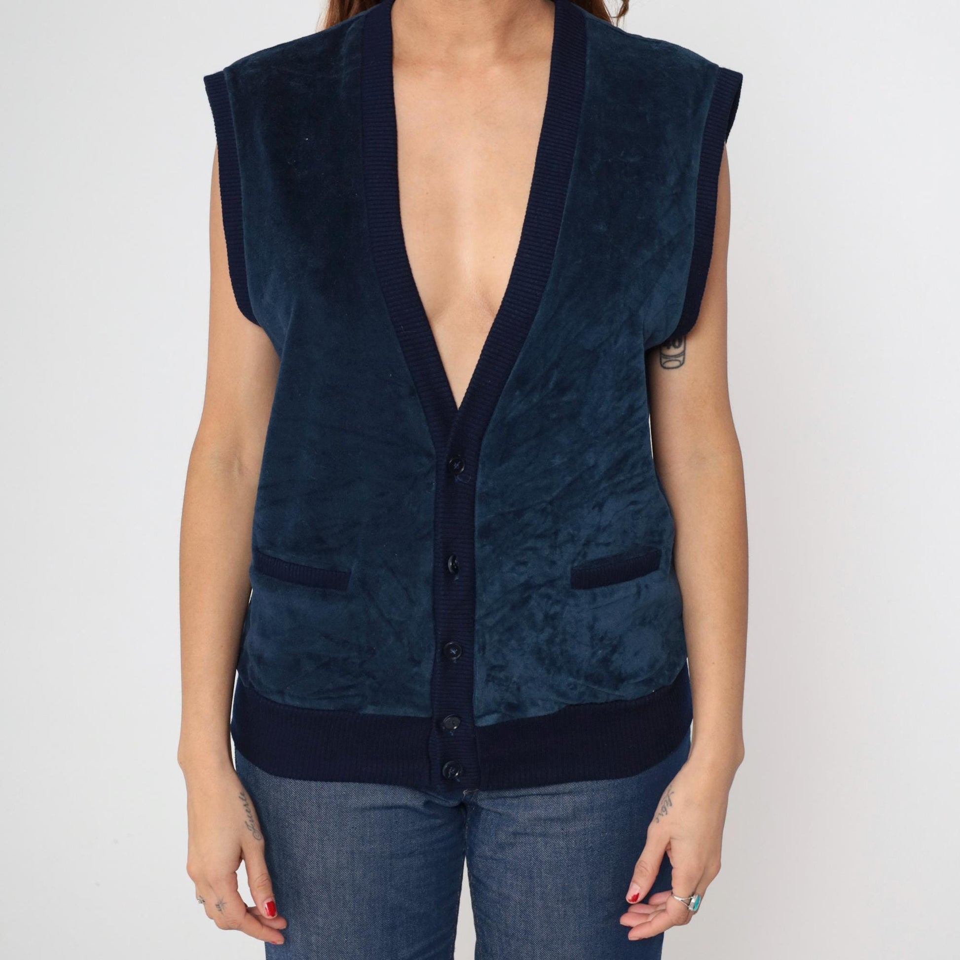 80s Navy Velvet Button Front Vest Deep V-Neck Sleeveless Large L
