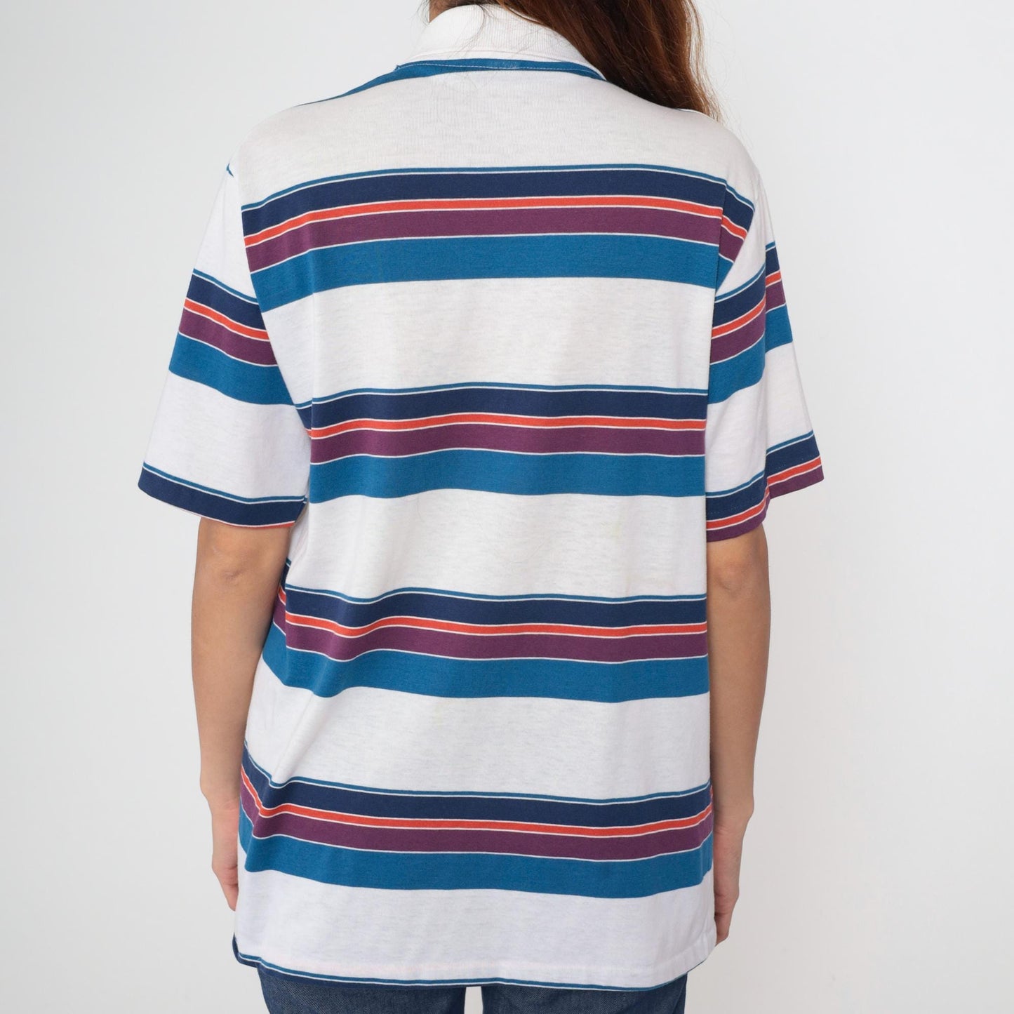 90s Penguin Club Striped Polo Shirt White Blue Purple Men's Large