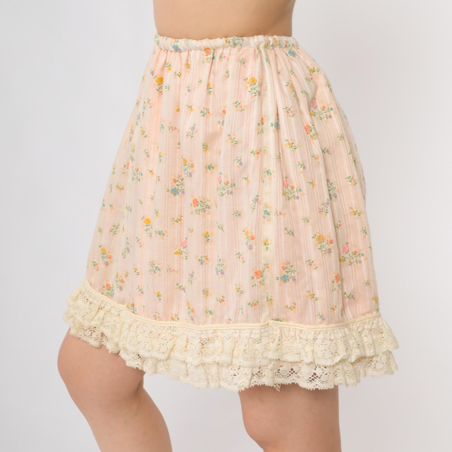 70s Pink Floral Mini Skirt Lace Hem Elastic Waist Extra Small