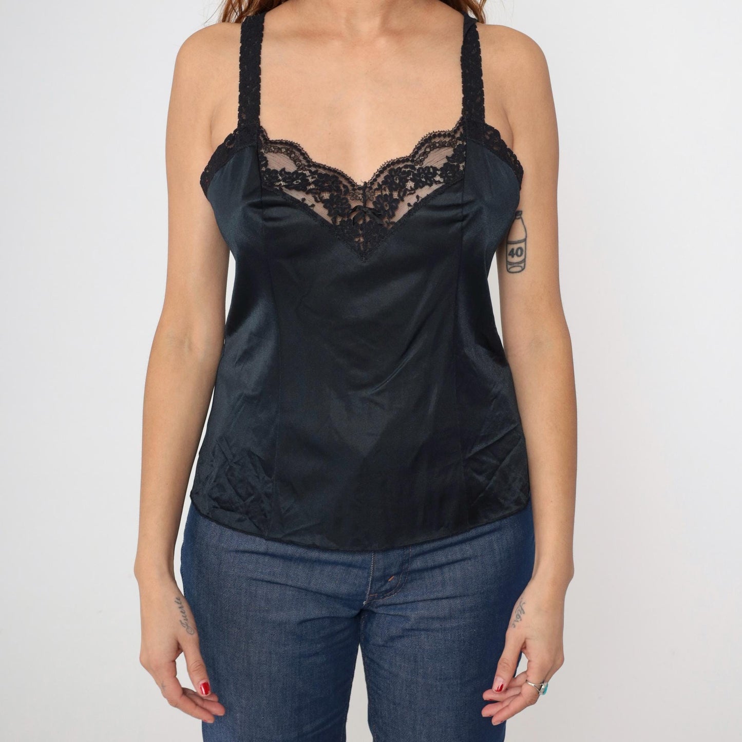 80s Black Lace Camisole Tank Top Nylon V-Neck Lingerie Cami Large L
