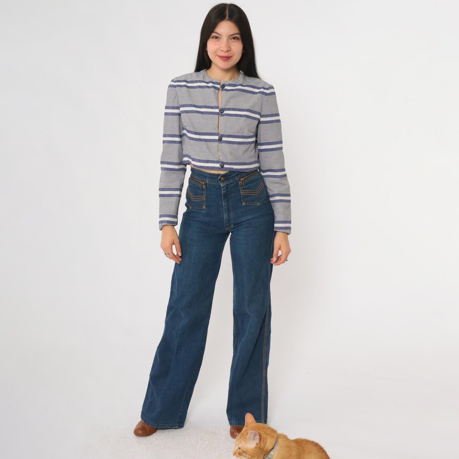 80s Gavi Striped Cropped Jacket Navy White Band Collar Size 10