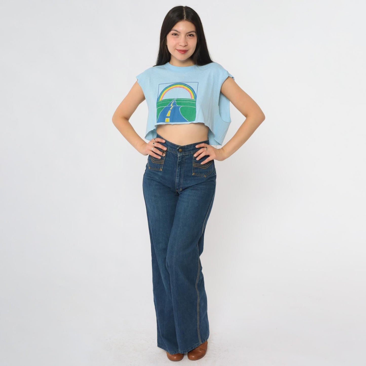 90s Oneita Rainbow Road Crop Top Blue Graphic Sleeveless Tee Large L