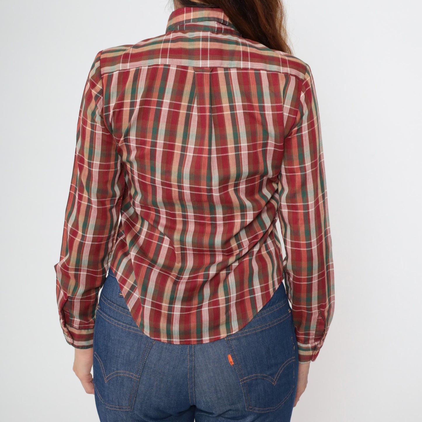80s Plaid Button Down Shirt Red Green Embroidered Duck Cotton Small