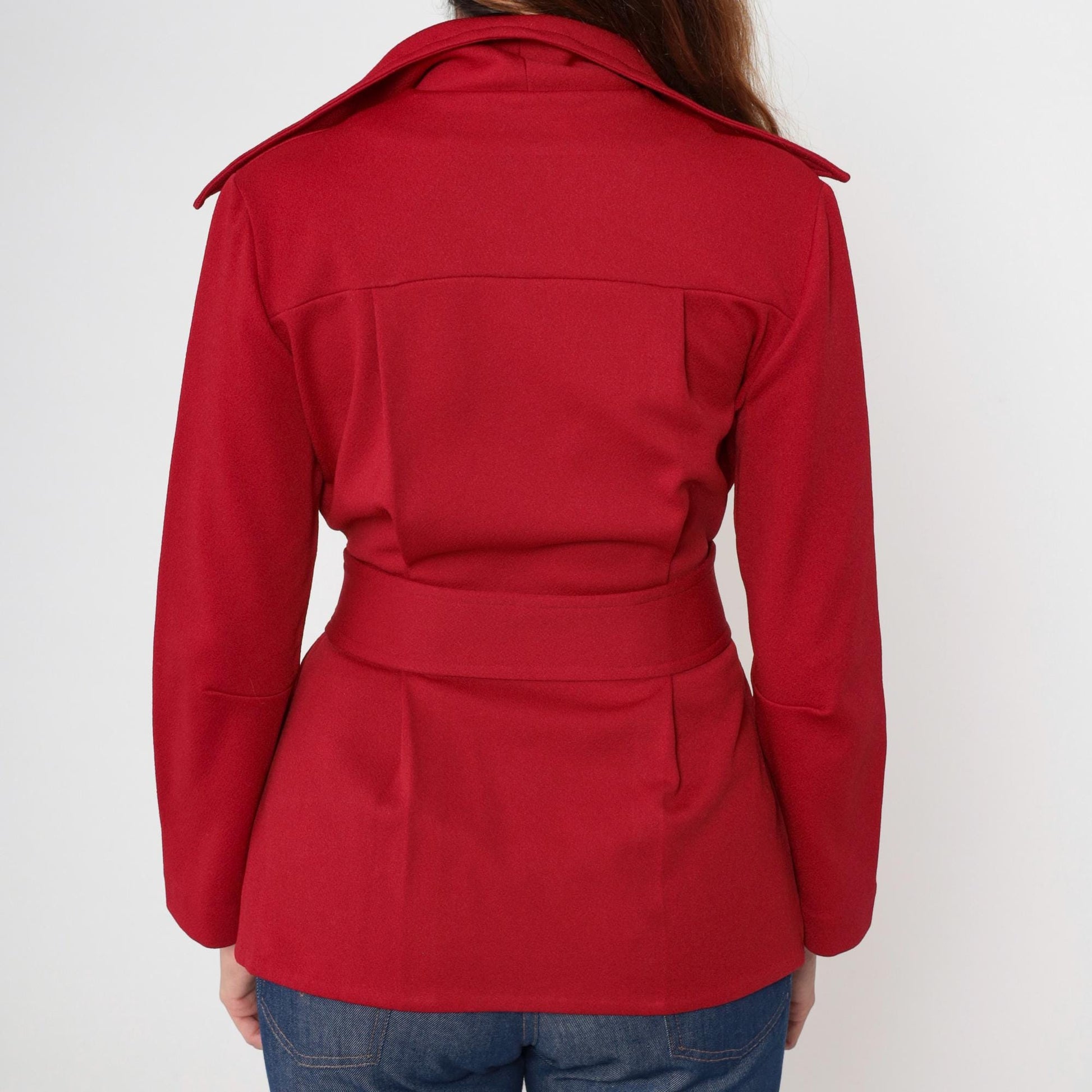 70s Red Wrap Jacket Belted Waist Wide Lapel Deep V Neck Medium