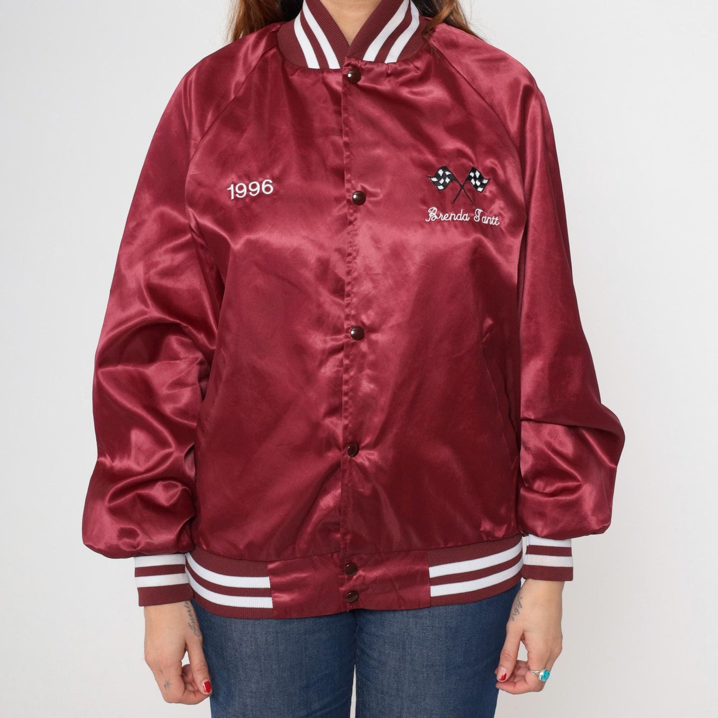 90s Duke City Raceway Maroon Satin Bomber Jacket Embroidered Racing Medium