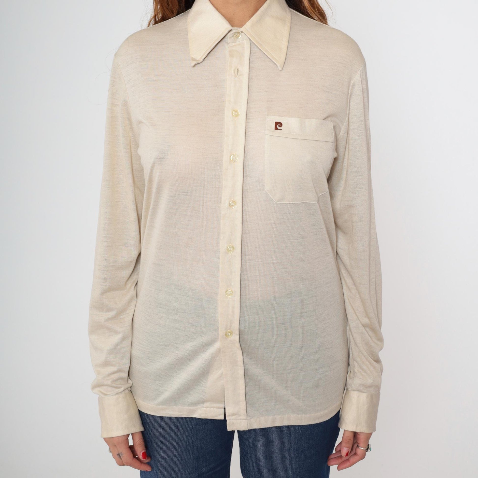 80s Pierre Cardin Beige Dress Shirt Long Sleeve Button Down Point Collar Medium