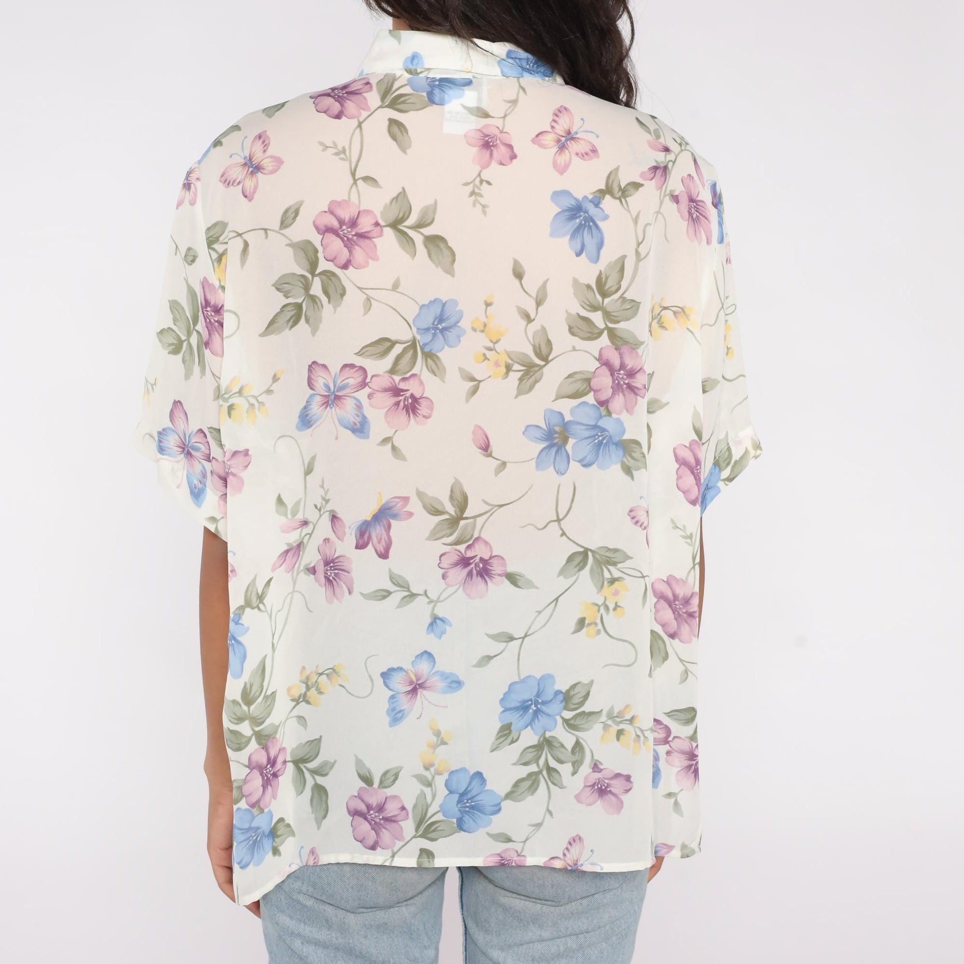 90s Bonworth Floral Button Down Blouse Cream Purple Blue Large Petite