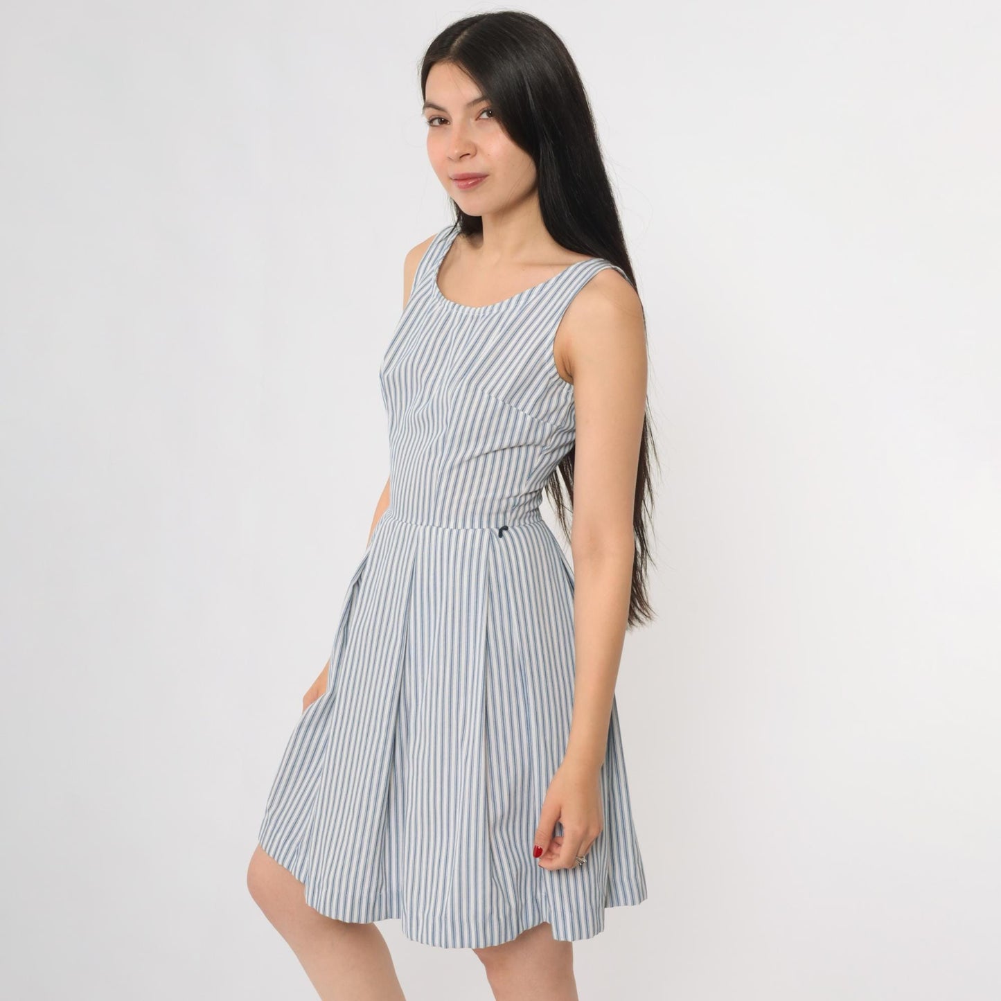 60s Blue White Striped Seersucker Sundress Sleeveless A-Line Scoop Neck Extra Small