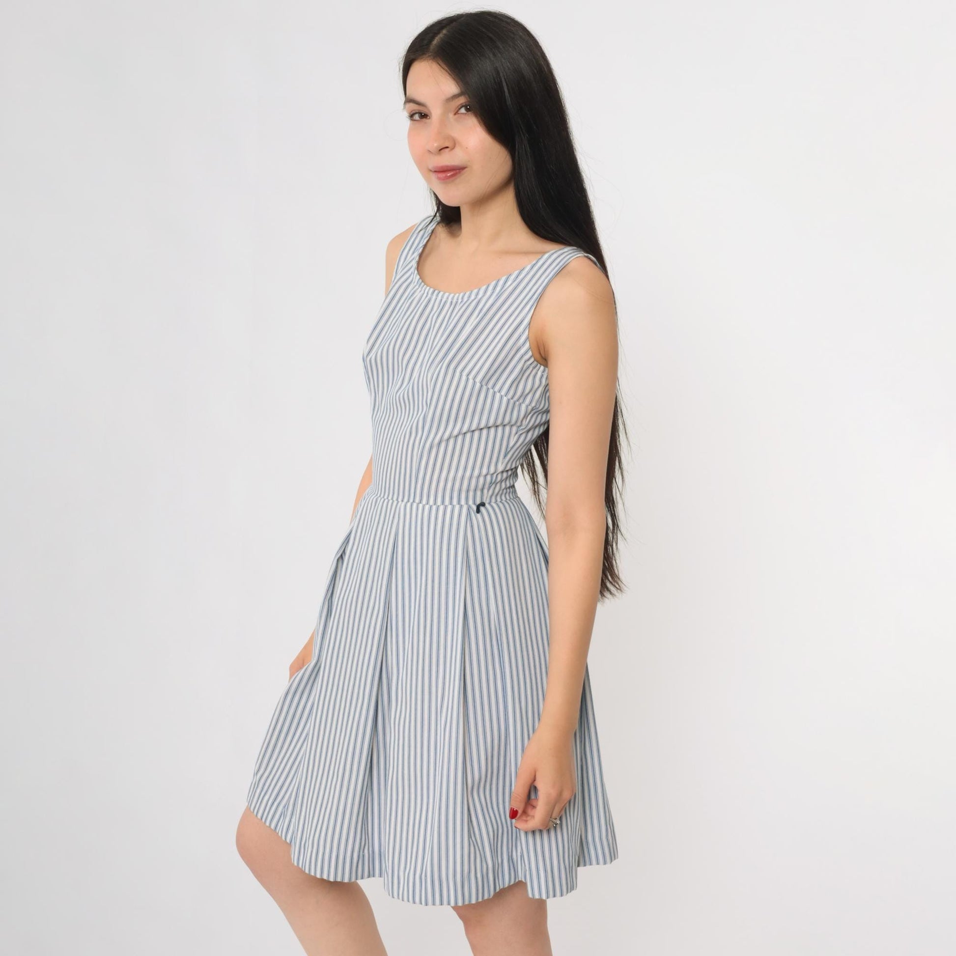 60s Blue White Striped Seersucker Sundress Sleeveless A-Line Scoop Neck Extra Small