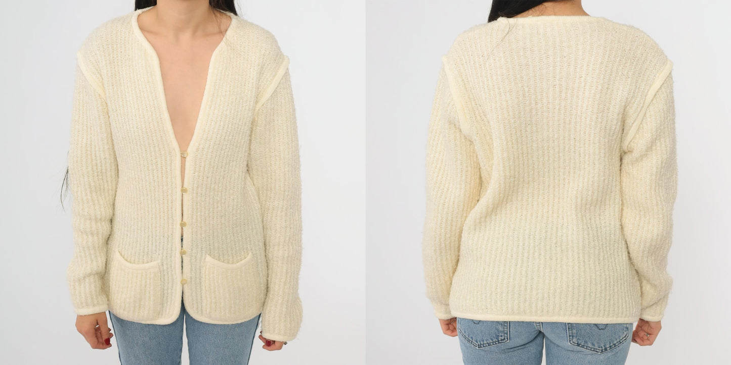 80s Ivory Knit Cardigan V-Neck Ribbed Texture Front Pockets Large L
