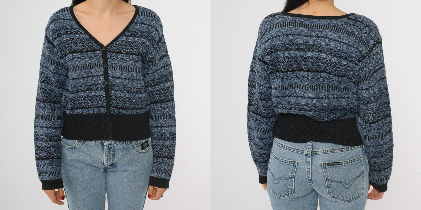 90s Lizwear Petite Blue Black Striped Cardigan V Neck Cotton Knit Small