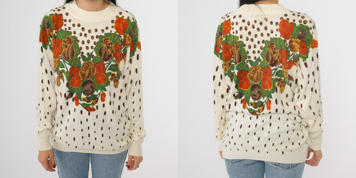 80s General Floral Knit Sweater Cream Rose Heart Print Polka Dot Large