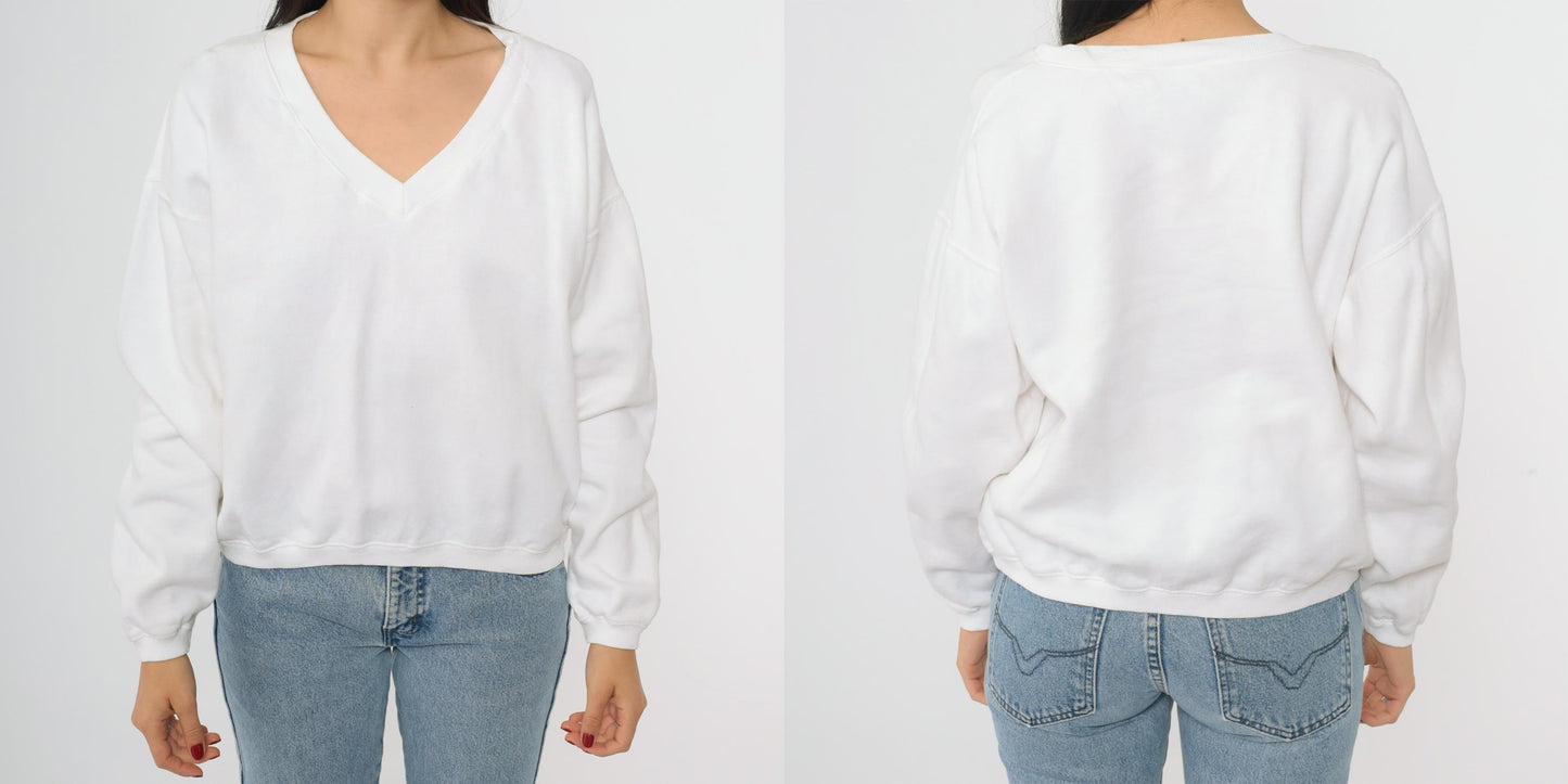 90s White V-Neck Sweatshirt Cotton Drop Shoulder Pullover One Size