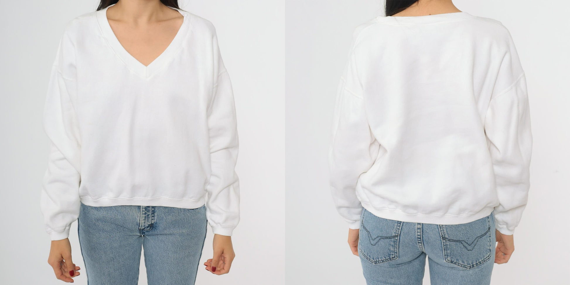 90s White V-Neck Sweatshirt Cotton Drop Shoulder Pullover One Size