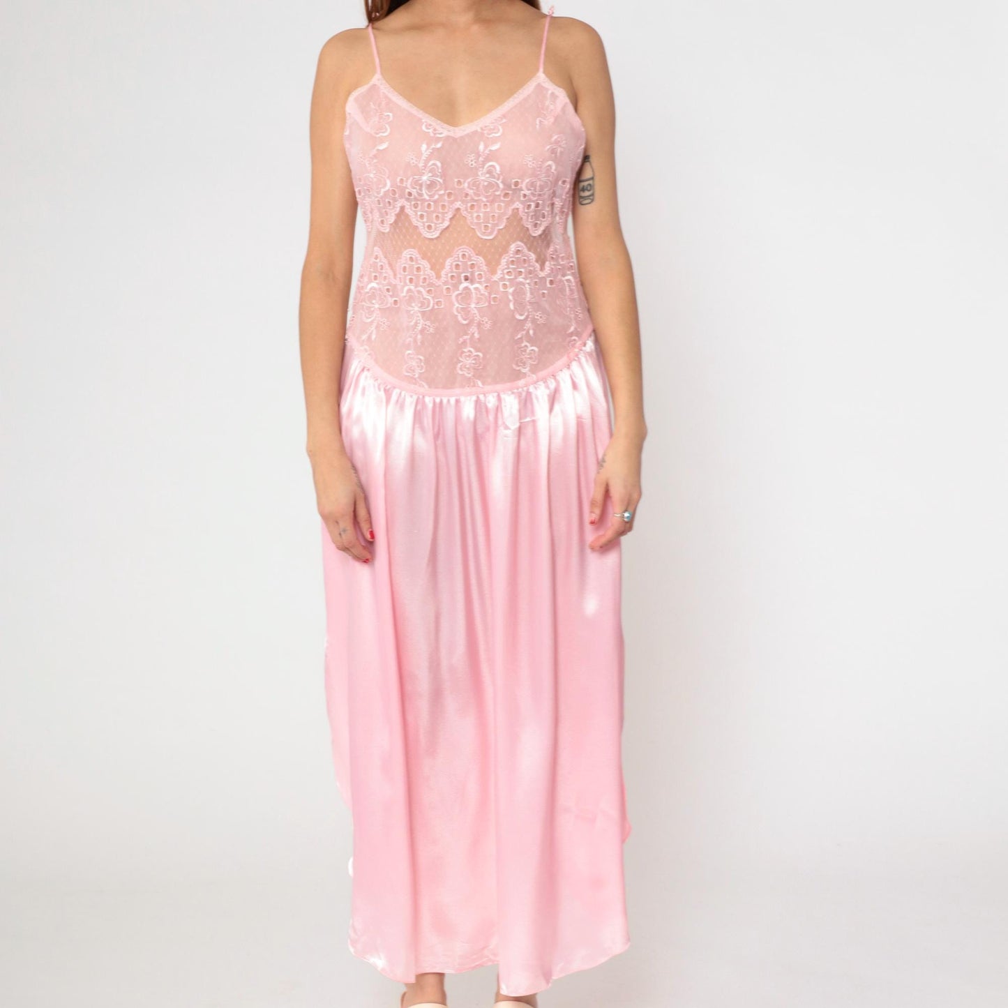 90s Gilligan O'Malley Pink Satin Slip Dress Maxi Lace Bodice Medium M
