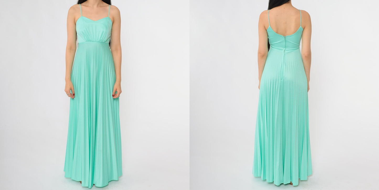 70s Aqua Pleated Maxi Dress Spaghetti Strap Sweetheart Neckline Extra Small XS