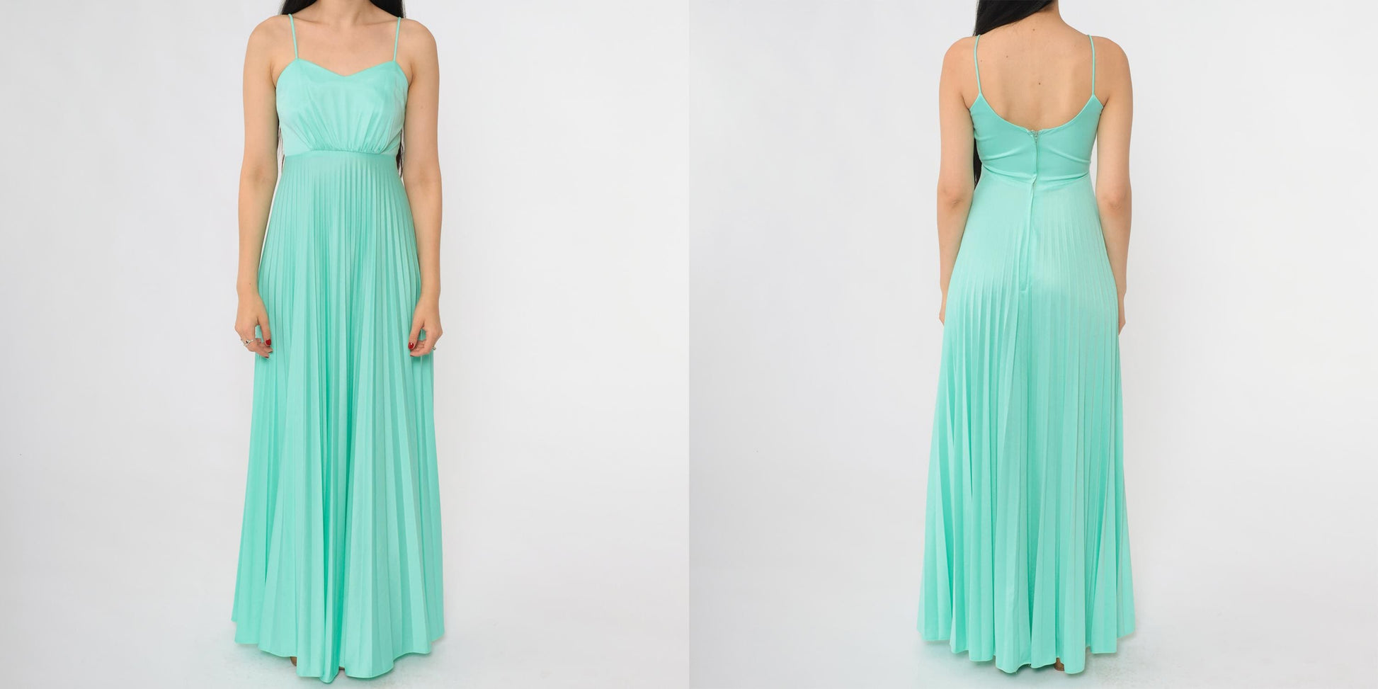 70s Aqua Pleated Maxi Dress Spaghetti Strap Sweetheart Neckline Extra Small XS