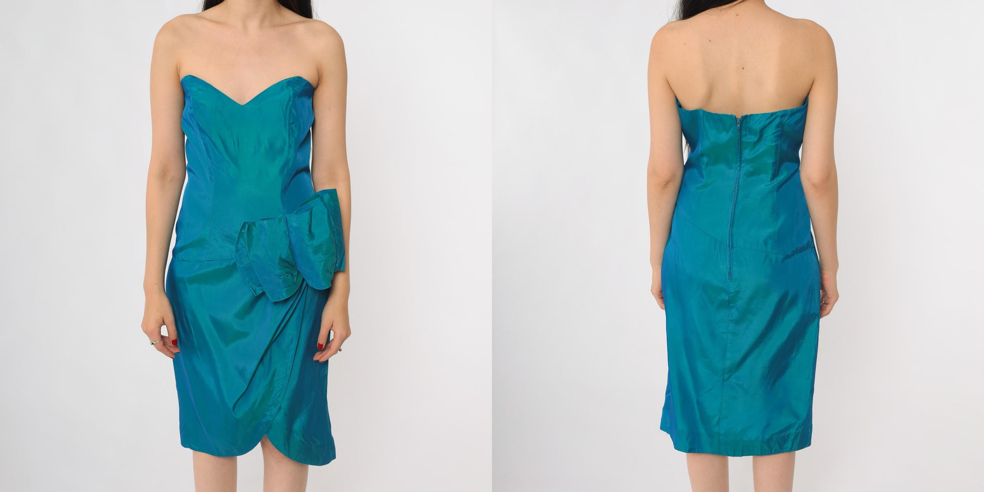 80s Niki Teal Strapless Sweetheart Bow Knee-Length Cocktail Dress Small
