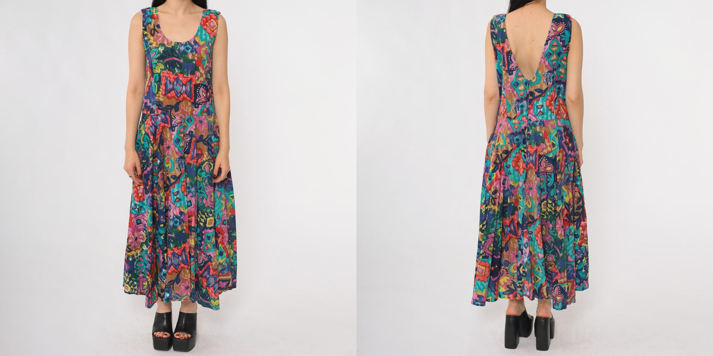 90s Phool Patchwork Maxi Dress Sleeveless Scoop Neck Abstract Print Cotton Medium M