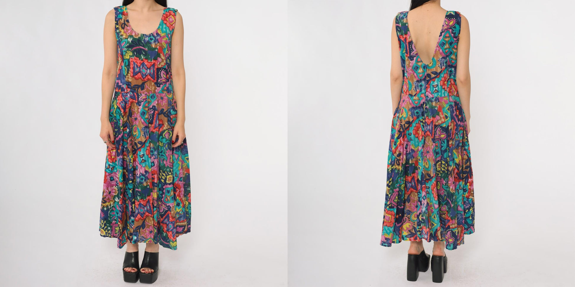 90s Phool Patchwork Maxi Dress Sleeveless Scoop Neck Abstract Print Cotton Medium M