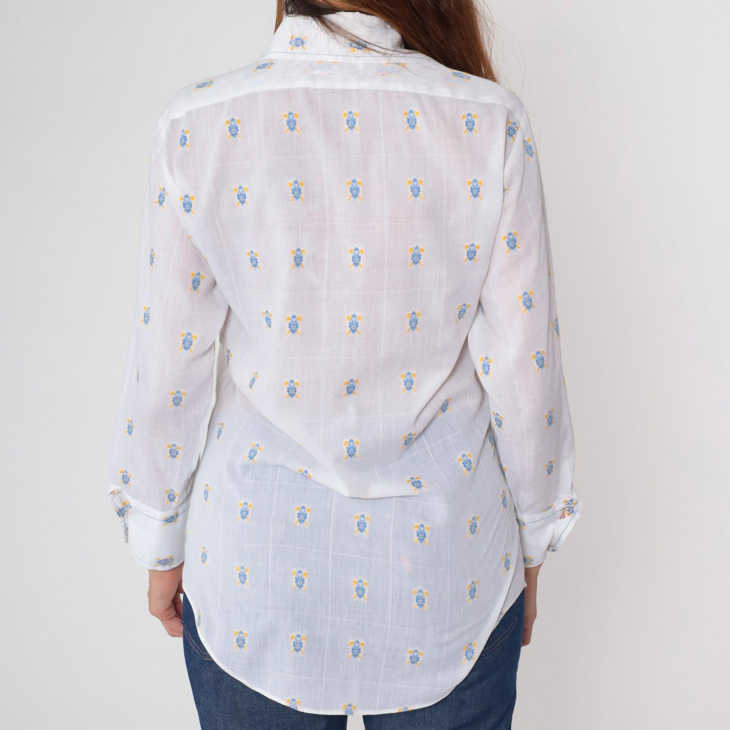 70s Lancer of California Turtle Print Button-Up Shirt White Cotton Medium