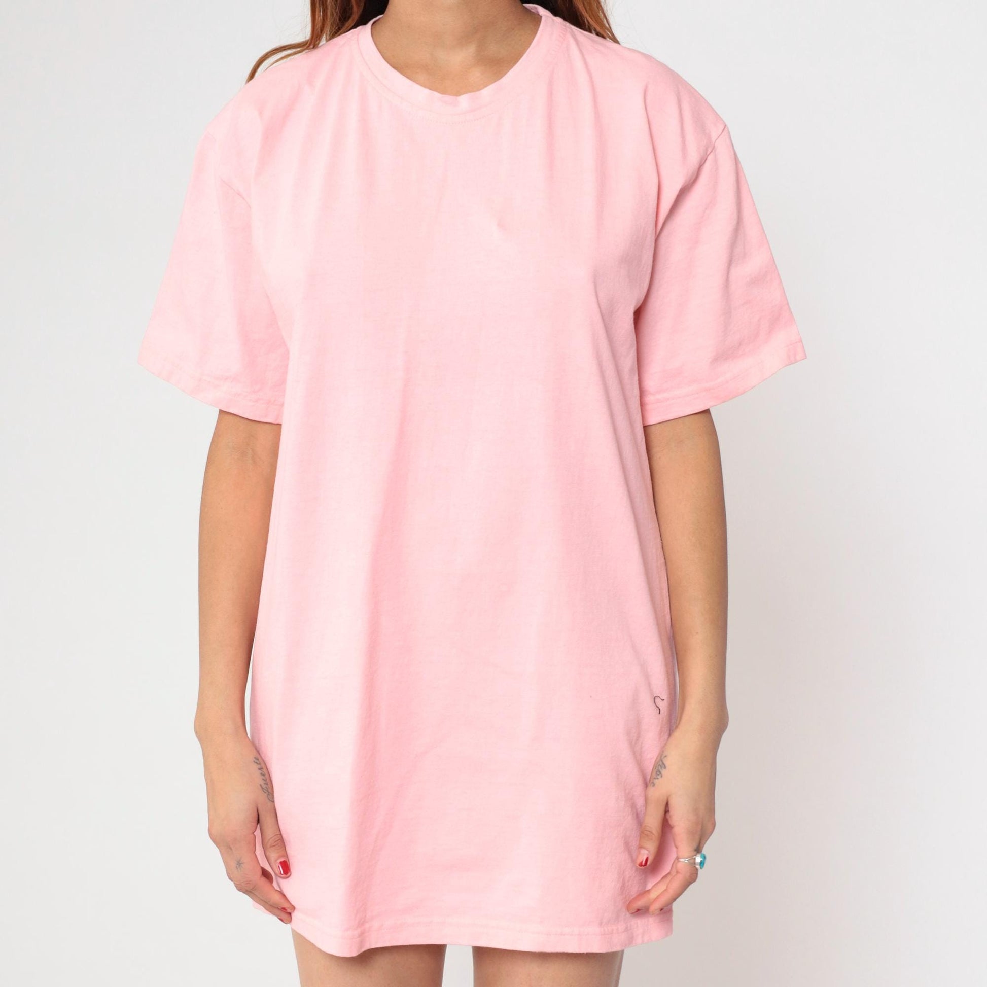 90s Pink Cotton T-Shirt Dress Crew Neck Short Sleeve Mid-Thigh One Size