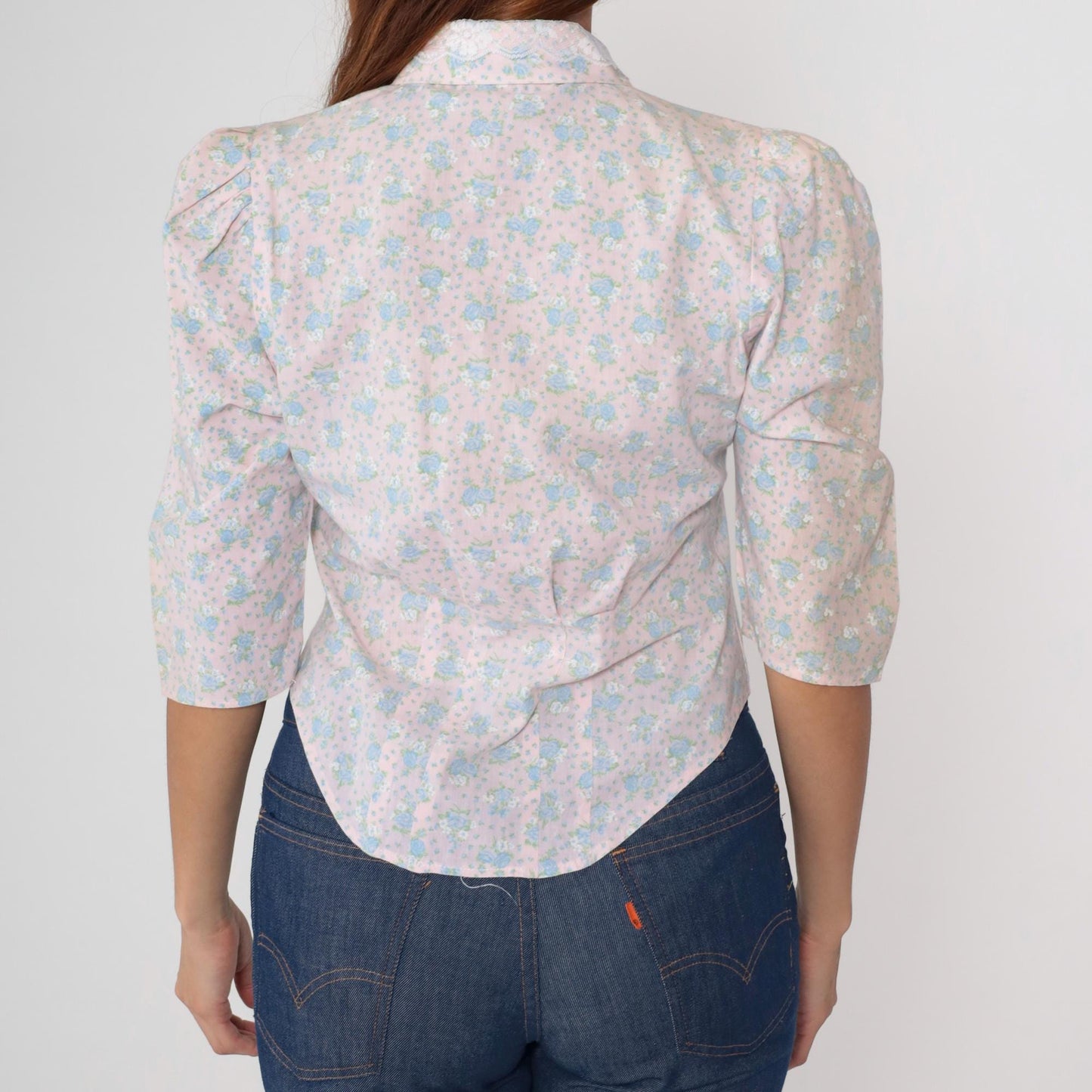 80s Pink Blue Floral Puff Sleeve Blouse Button Front Three Quarter Small