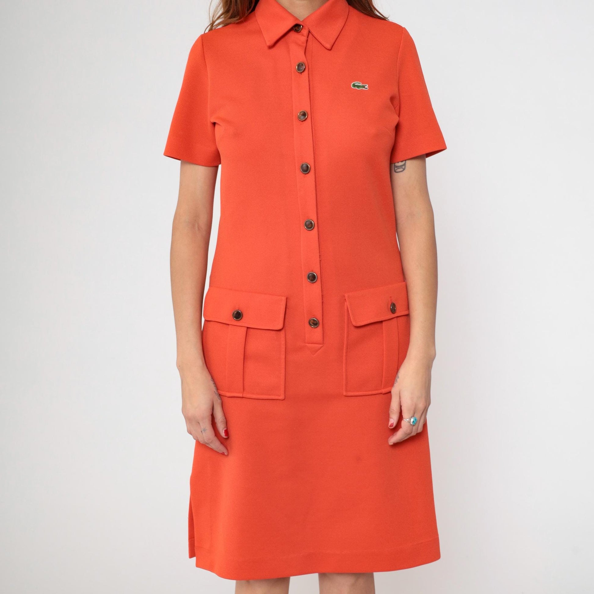 60s David Crystal Orange Polo Dress Pique Knit Button Front Medium