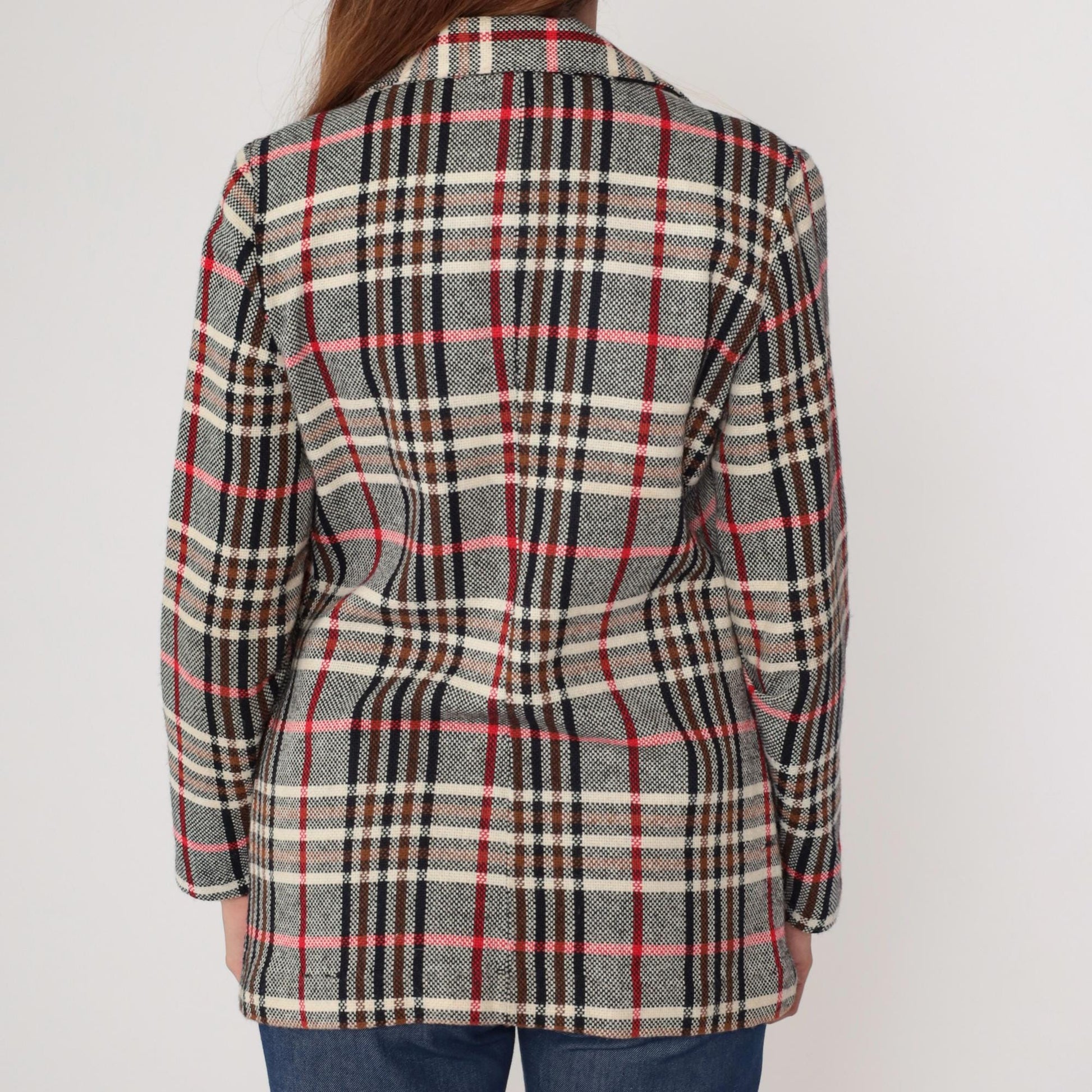 1970s Plaid Blazer Tartan Brown Red Cream Black Button Front Medium M
