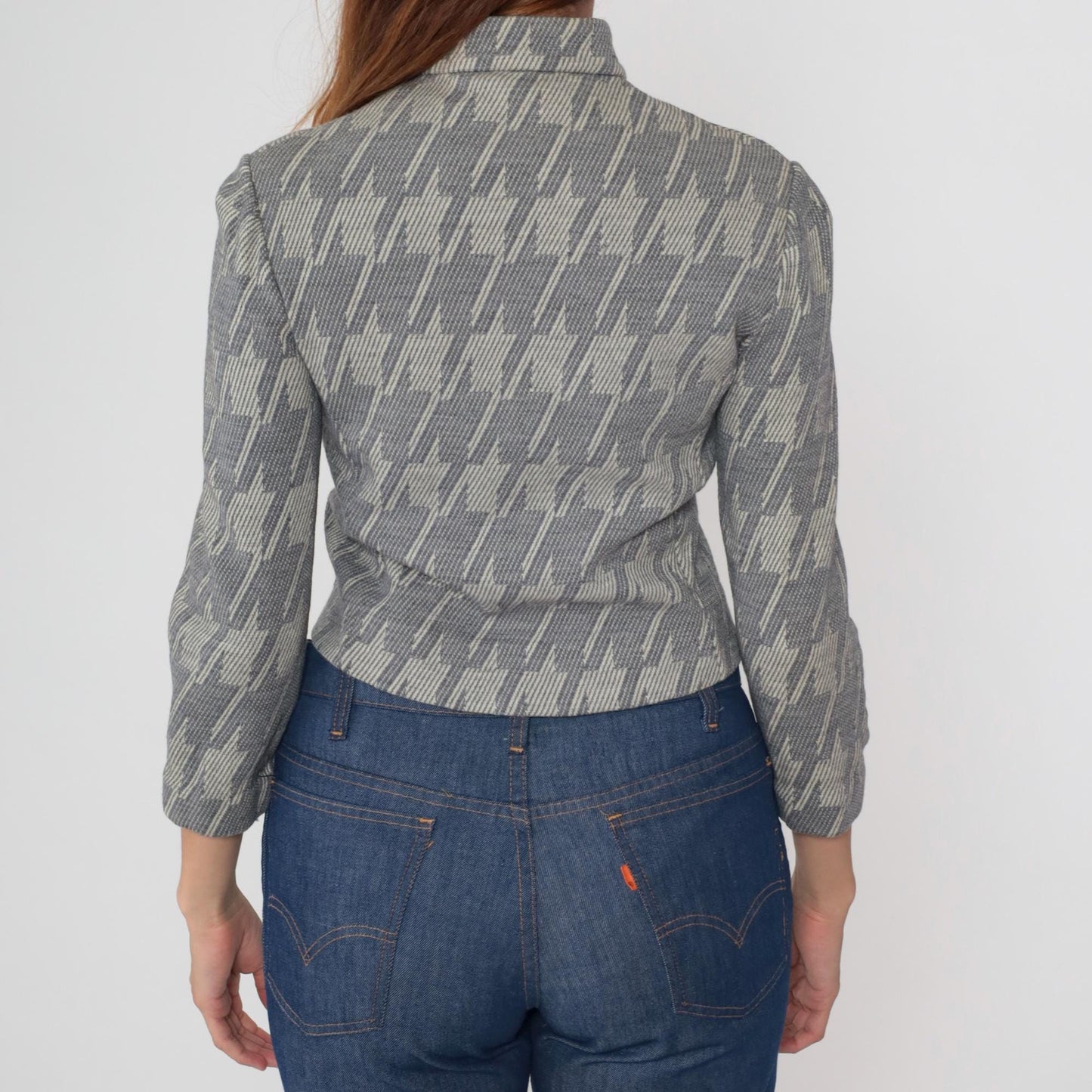 1960s Grey Houndstooth Cropped Jacket Button Front Stand Collar Small S