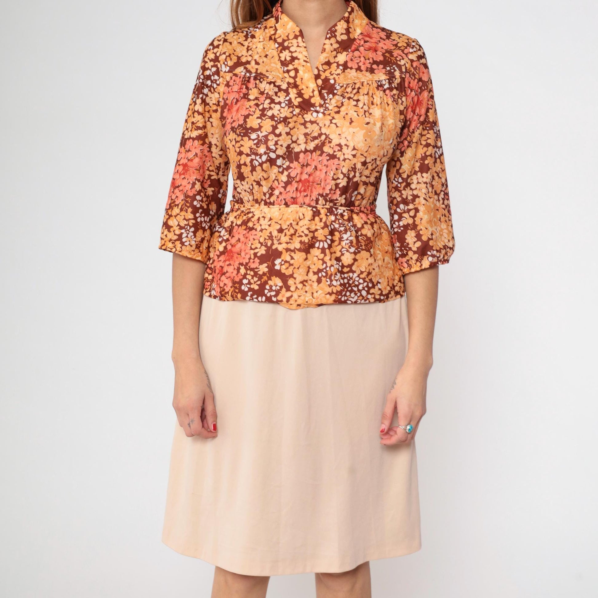 80s Floral Midi Dress Brown Orange Yellow V-Neck Peplum Waist Short Sleeve Medium