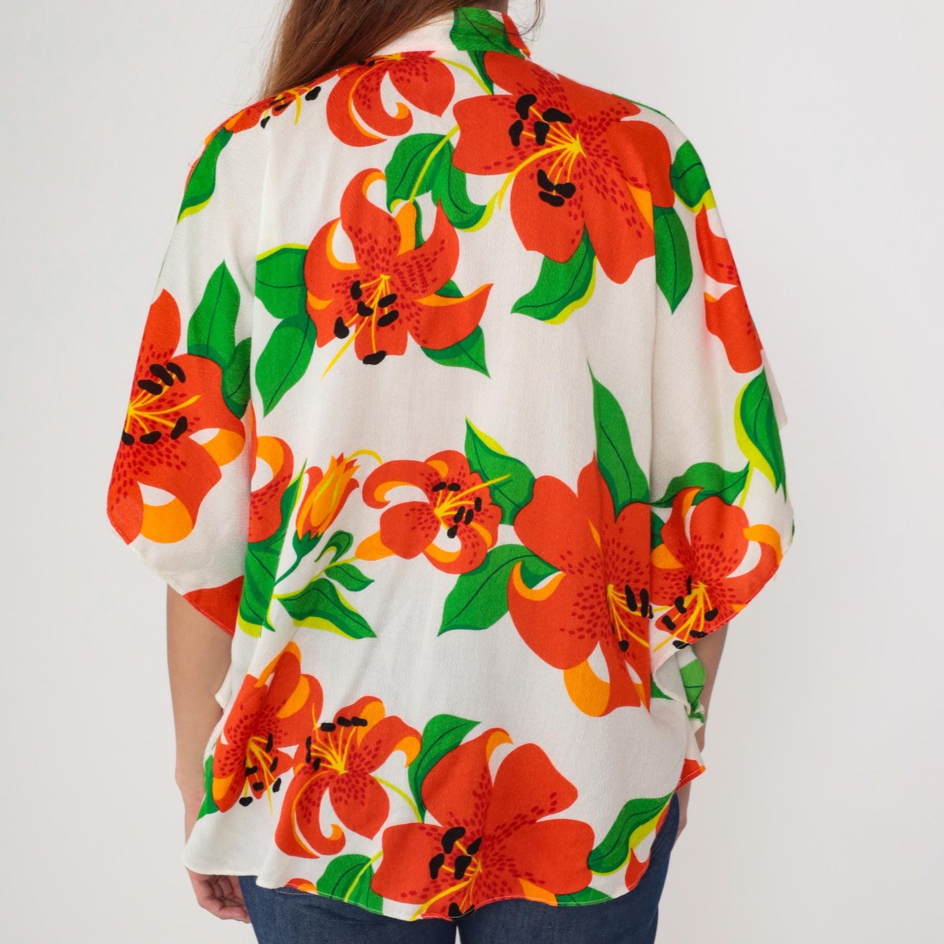 70s Waltah Clarkes Tropical Floral Caftan Kimono Blouse White One Size