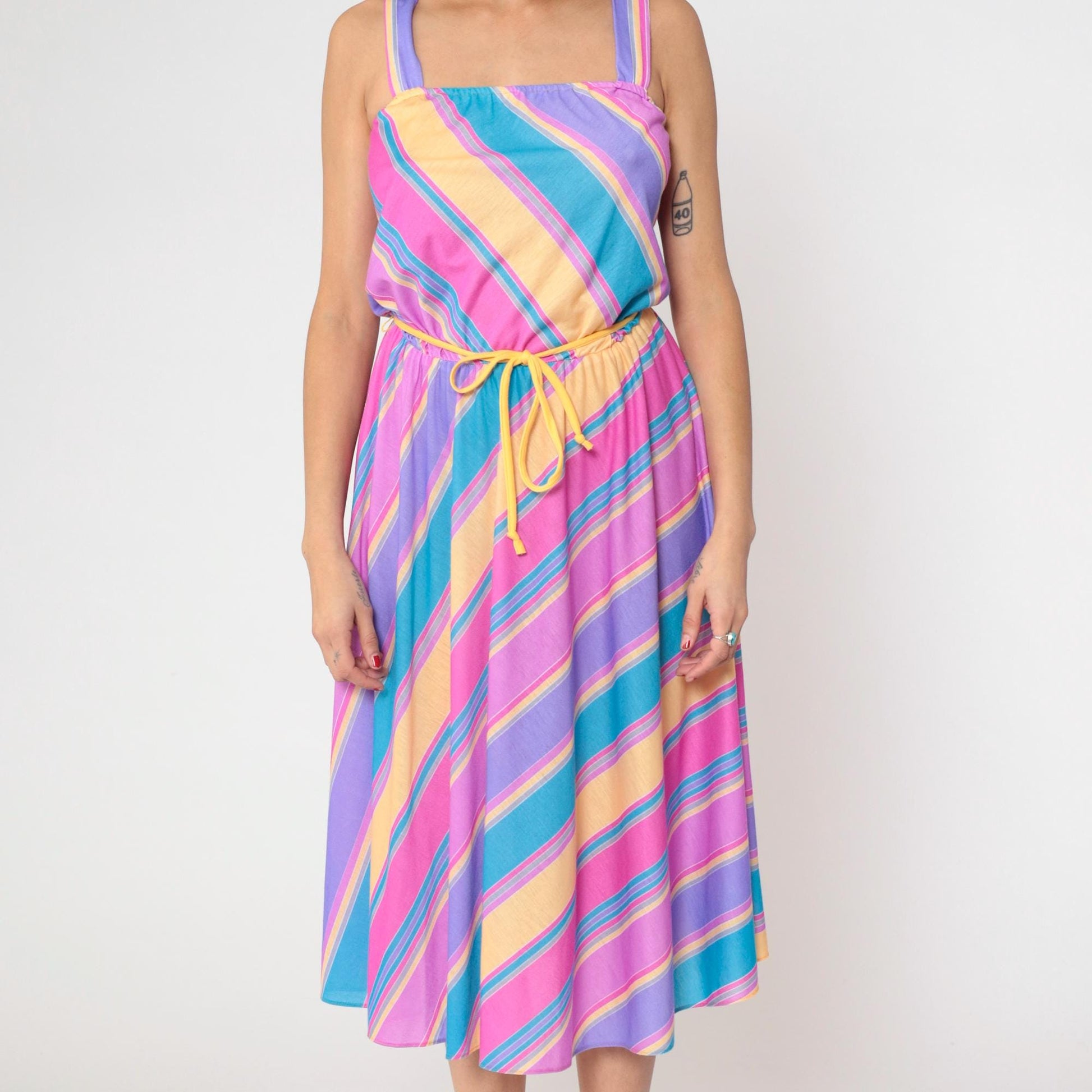 80s Pastel Rainbow Stripe Midi Sundress Square Neck Spaghetti Strap Small