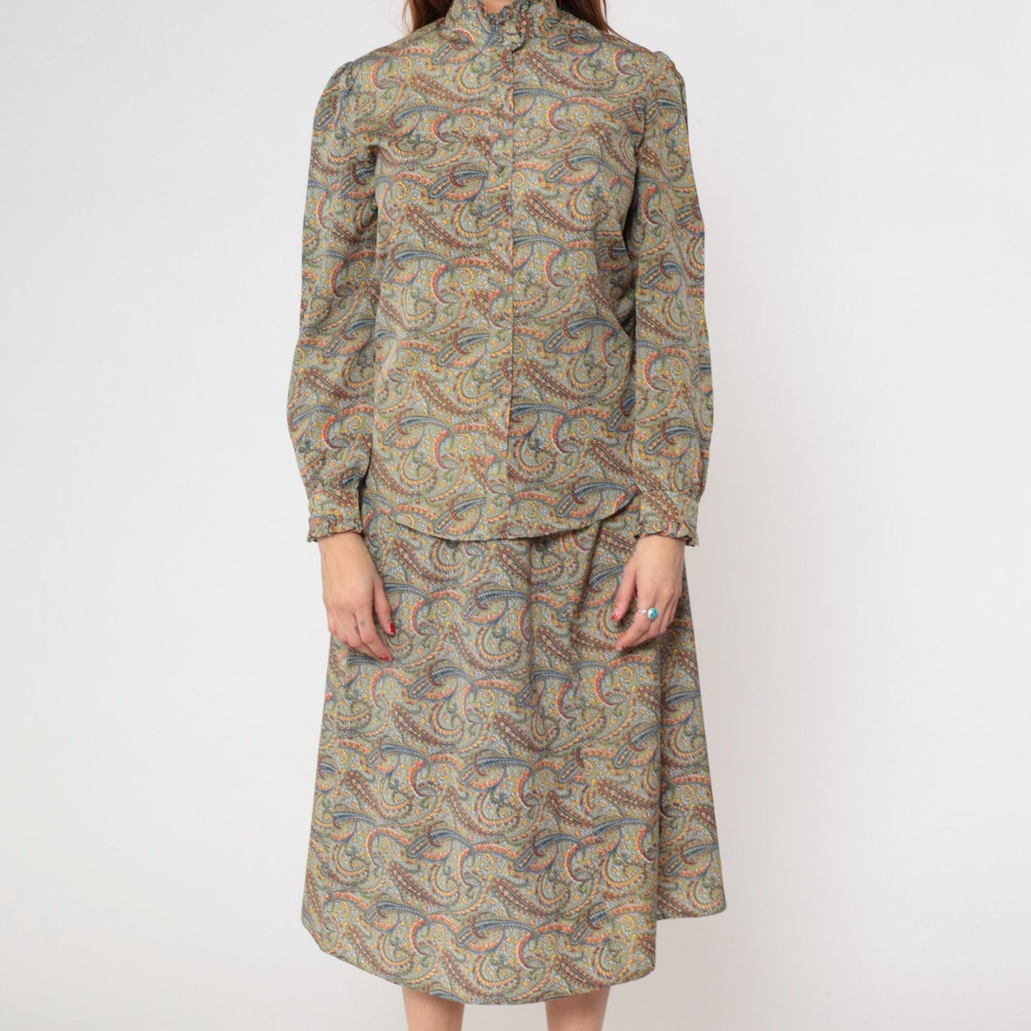 70s The Villager Paisley Two Piece Set Sage Green Blouse Midi Skirt Small