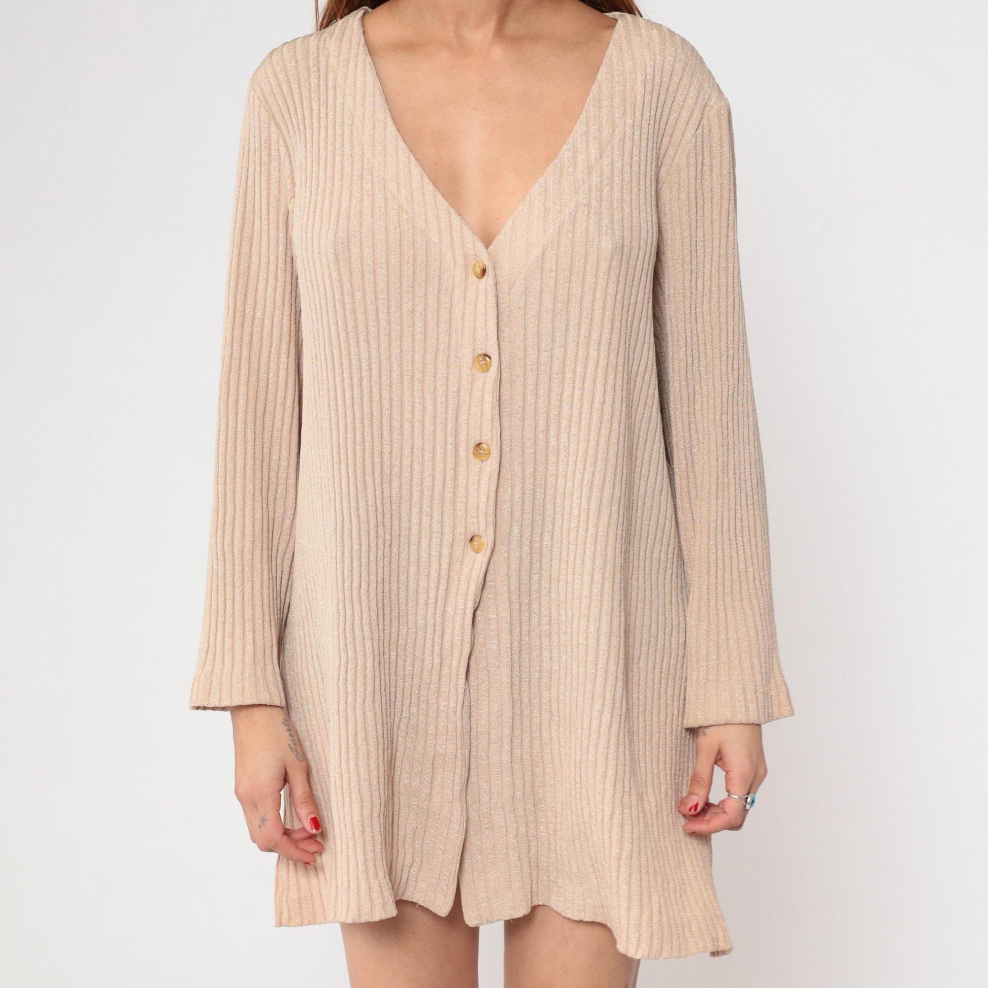 Y2K Kathryn Deene Ribbed Knit Cardigan Cream Button-Front V-Neck Medium