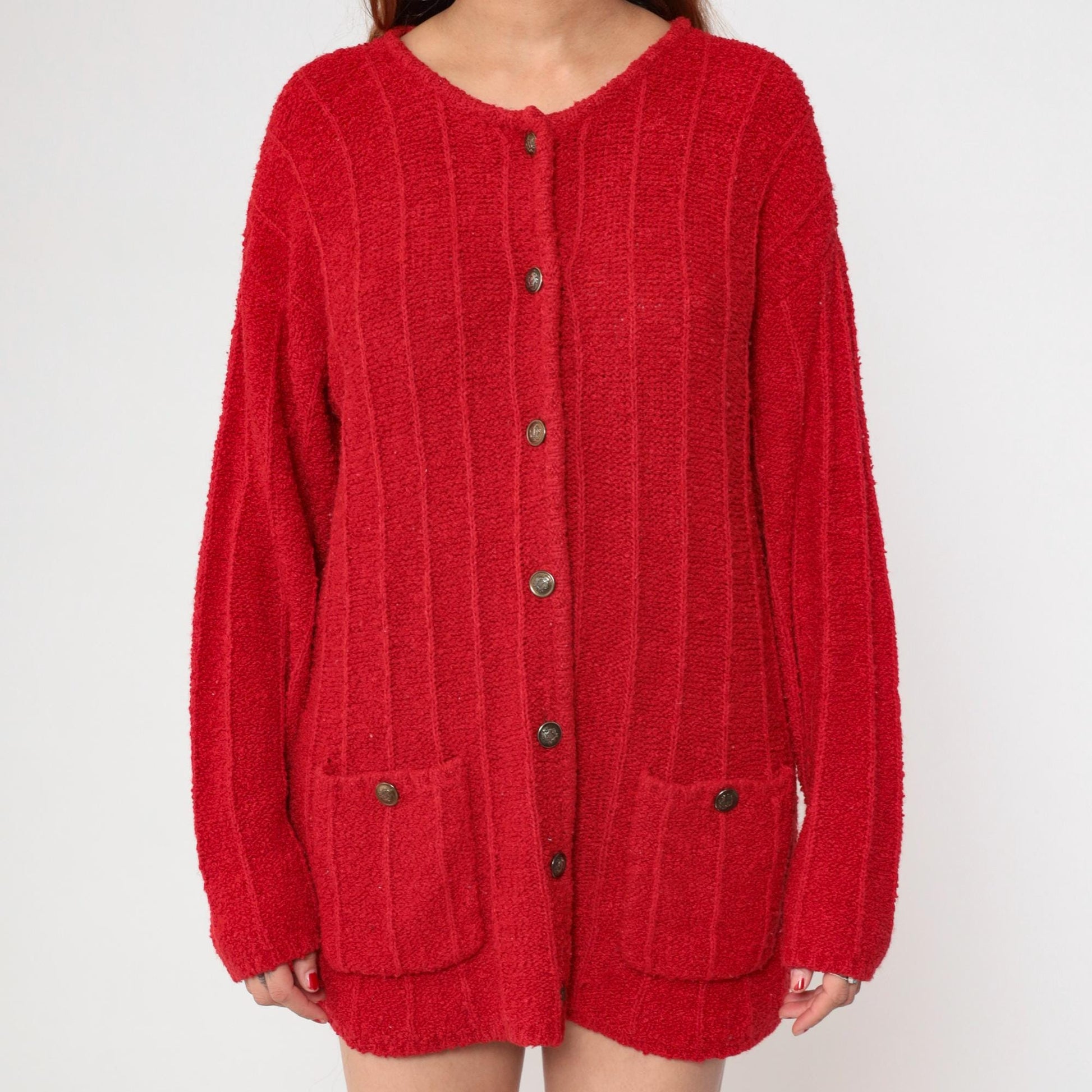 80s Fabriano Red Cardigan Sweater Chunky Knit Button Front Medium M
