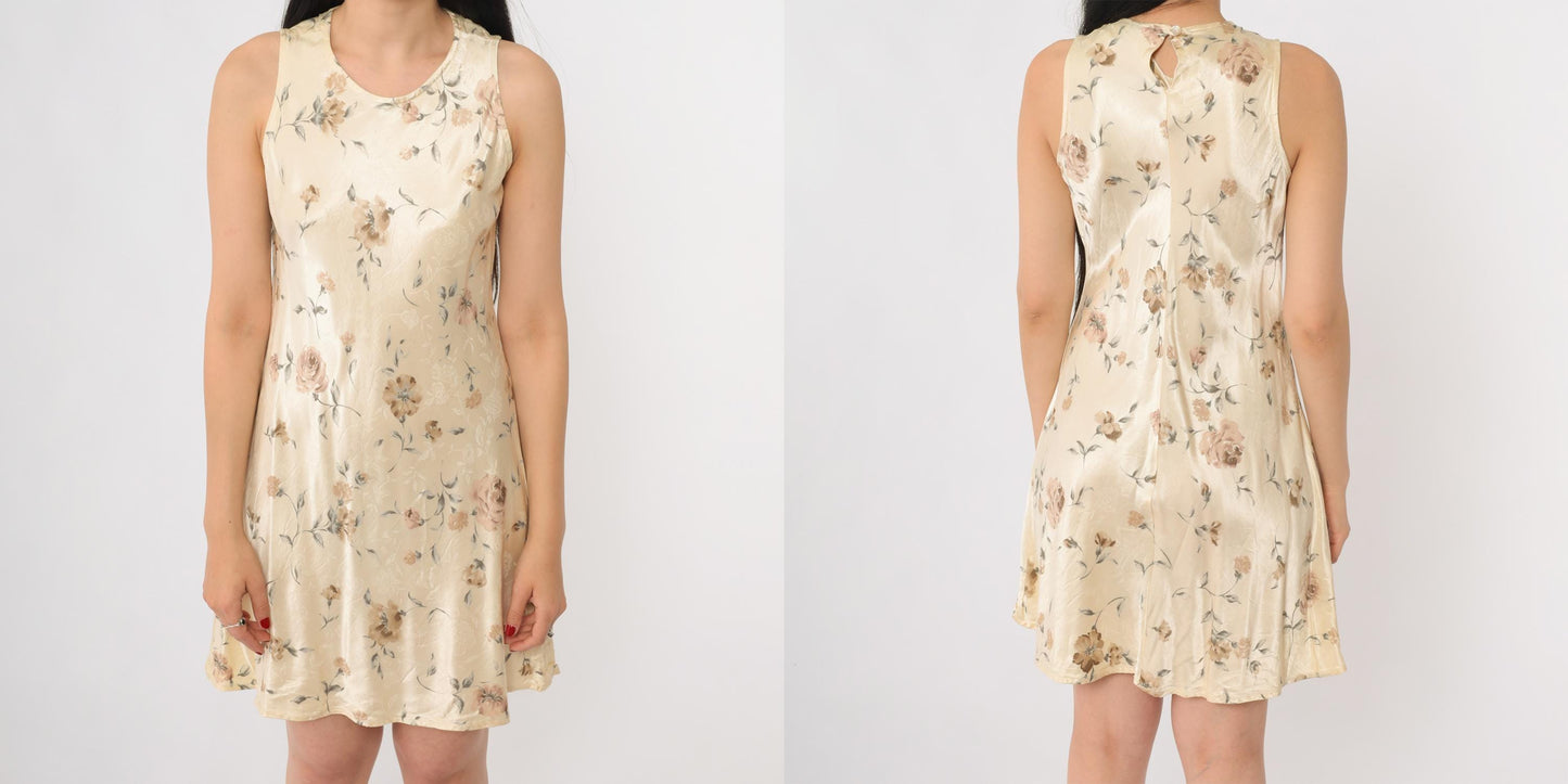 90s Breakin Loose Floral Mini Dress Cream Rose Print Sleeveless A-Line Small