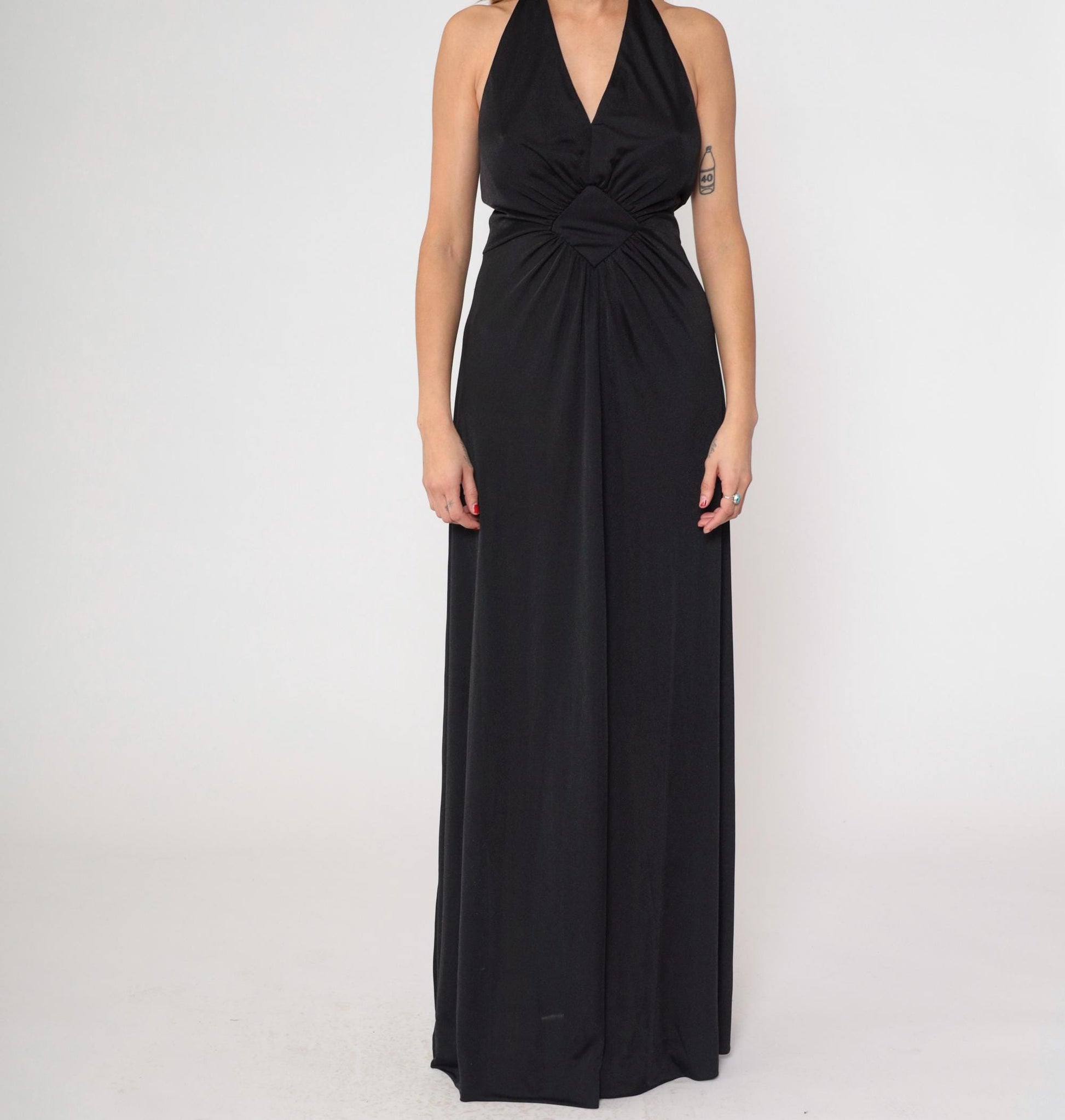 70s Black Halter Maxi Dress Plunging V Neck Open Back Empire Waist Medium