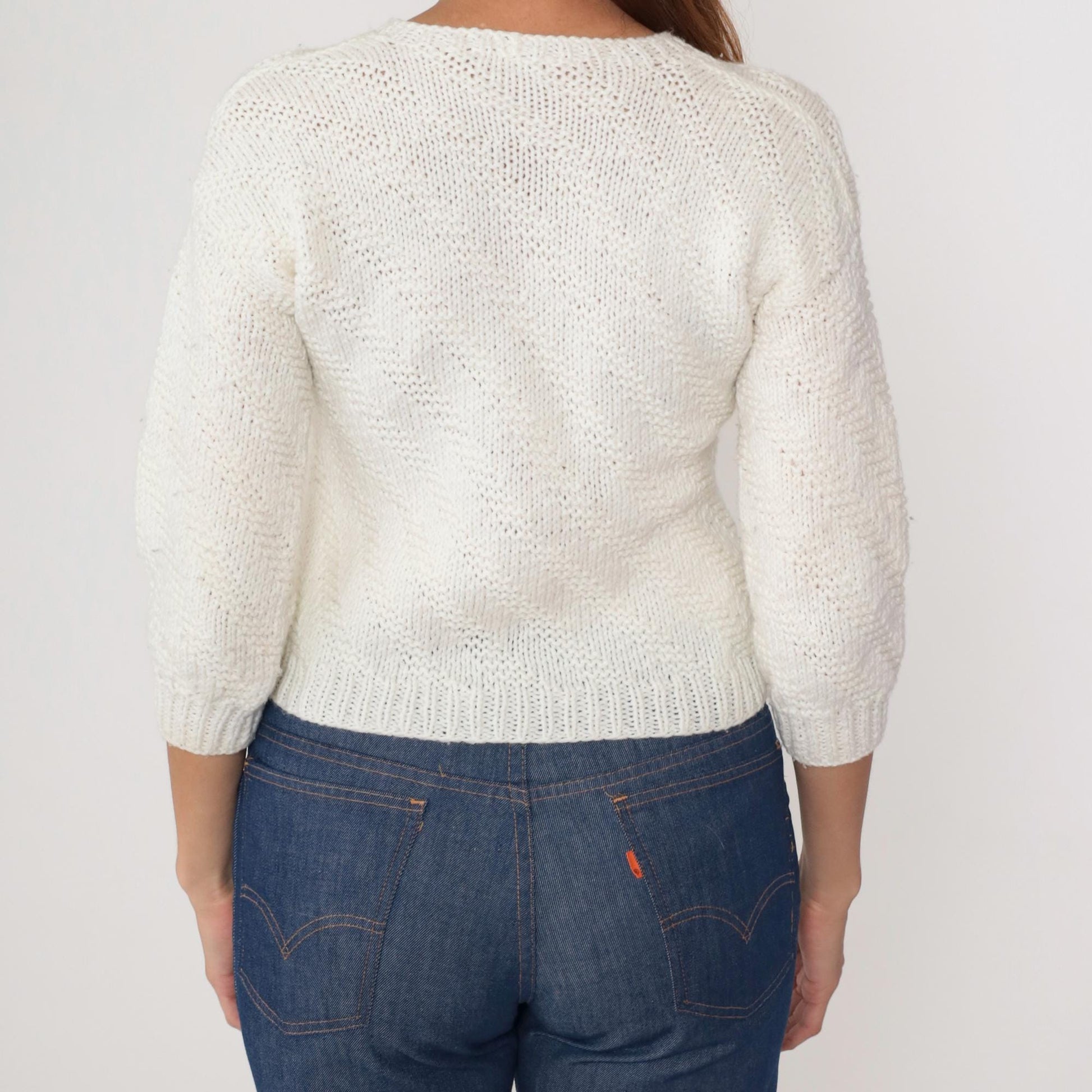 80s Cream V-Neck Cropped Sweater Three-Quarter Sleeve Knit Extra Small XS